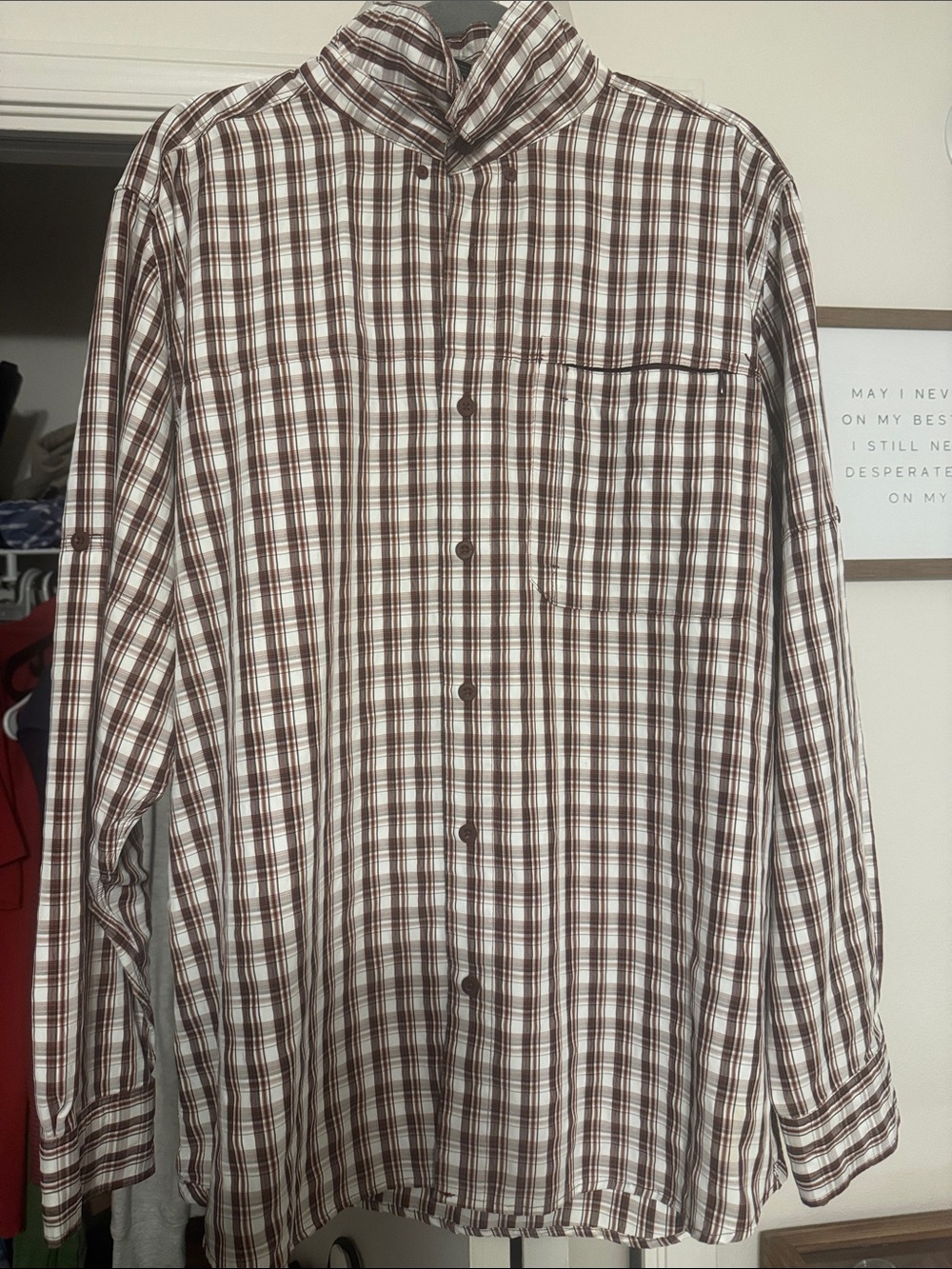 The North Face Men's Brown and White Plaid Button-Down Shirt